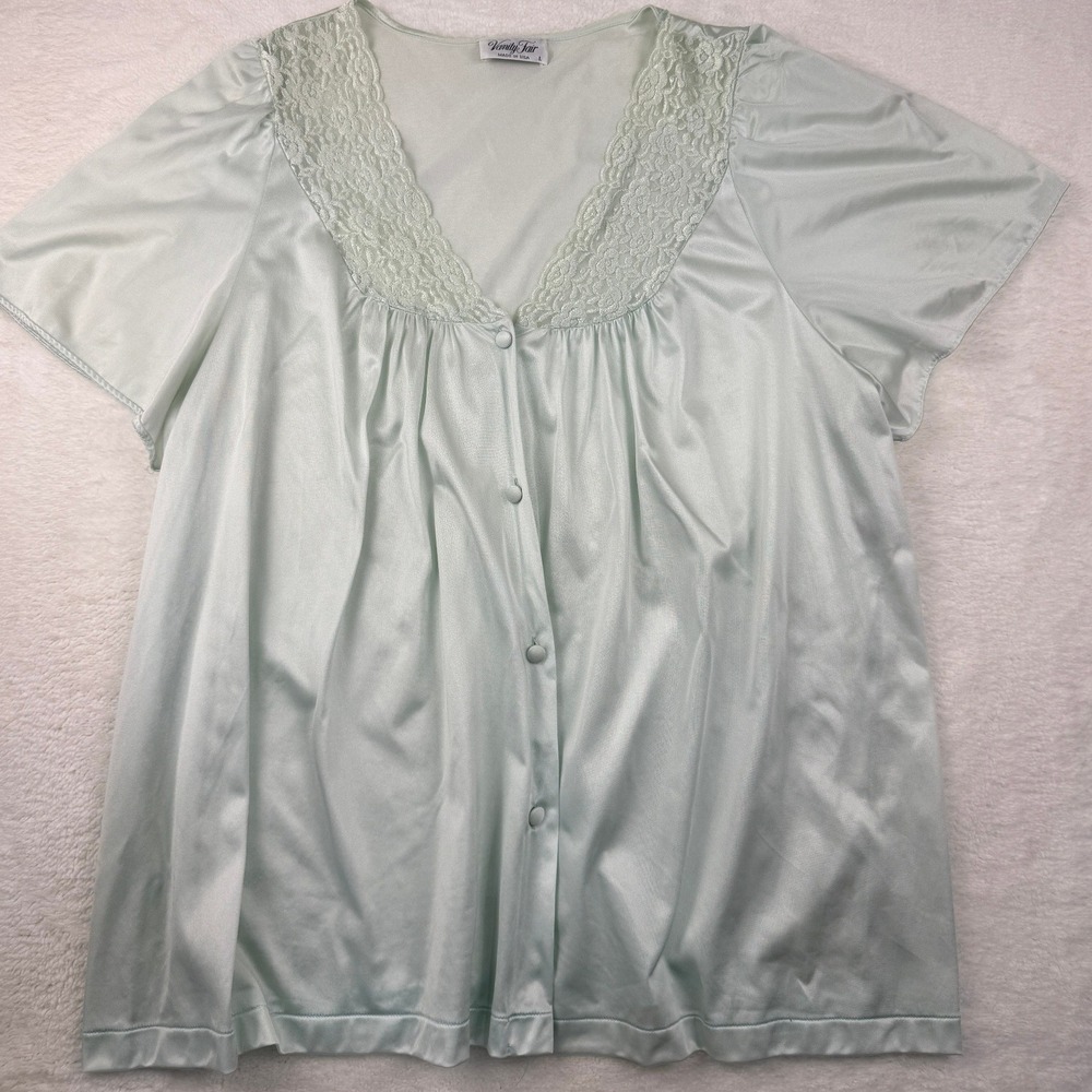 Vintage 80s 90s Vanity Fair Sleep Top Large Mint Green Lace Trim Lightweight